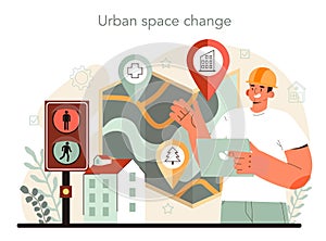 Urbanist concept. Architect studying and developing urban structure