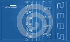 Urbanistic skyscraper. Abstract 3D render of building wire frame structure. construction graphic idea for template