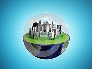 Urbanization concept with globe and city on abstract blue background 3D Rendering