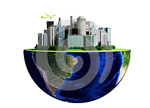 Urbanization concept with globe and city on abstract green background 3D Rendering no shadow photo