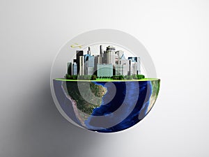 Urbanization concept with globe and city on abstract green background 3D Rendering