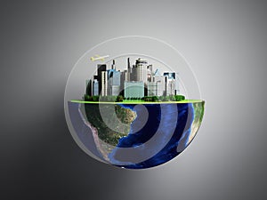 Urbanization concept with globe and city on abstract green background by NASA 3D Rendering on grey