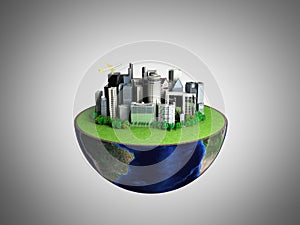 Urbanization concept with globe and city on abstract grey background 3D Rendering