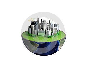 Urbanization concept with globe and city on abstract white background 3D Rendering