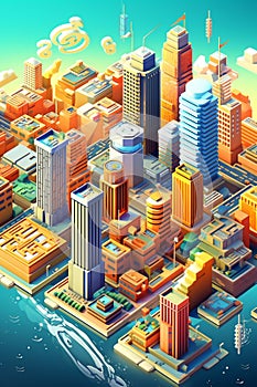 Urbanization of Digital Finance - Isometric Cityscape Constructed from Crypto Icons