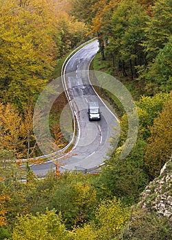 Urbasa mountain range. Car driving in the mountain pass of the Sierra de Urbasa, Navarra