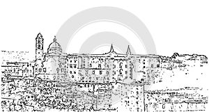 Urbino Castle Stylized, black and white, isolated.