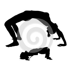 Urdhva dhanurasana pose, yoga exercise. Vector silhouette woman and child isolated white. Mom and son doing yoga. Girl and boy