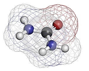 Urea (carbamide) molecule. Used in cosmetics, fertilizer; present in urine. Atoms are represented as spheres with conventional