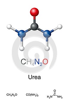 Urea, carbamide, molecule model and chemical formula
