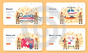 Urgency rescuer help web banner or landing page set. Ambulance