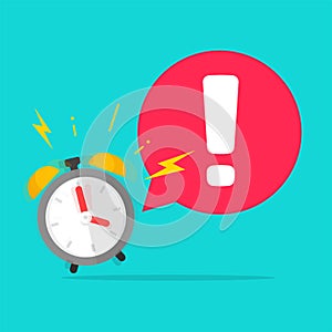 Urgency time to action important reminder caution exclamation message with alarm clock ringing with bubble speech vector