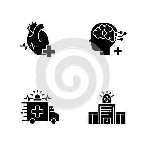 Urgent health care black glyph icons set on white space