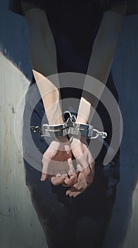 Urgent message womans hands in handcuffs, a plea against violence