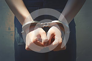 Urgent message womans hands in handcuffs, a plea against violence