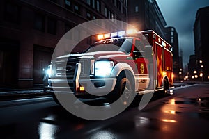 Urgent Night Dispatch Medical Emergency Ambulance Racing Through City Streets with Flashing Red Lights. created with Generative AI