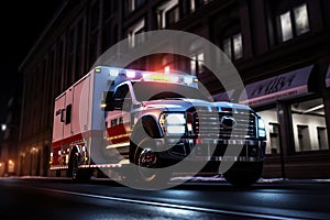 Urgent Night Dispatch Medical Emergency Ambulance Racing Through City Streets with Flashing Red Lights. created with Generative AI