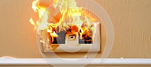 Urgent situation wall socket ignited, emitting flames and smoke, immediate response crucial photo