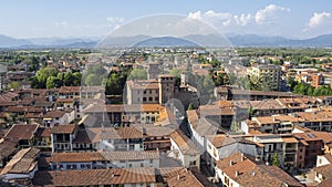 Urgnano, Bergamo, Italy. View of the village and the medieval castle from the top of the bell tower