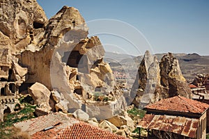 Urgup village landscape with old cave houses, Cappadocia