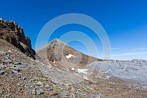 Uri Rotstock mountain summit in Swiss alps, blue sky