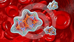 Uric acid molecule in blood circulation, 3D illustration photo