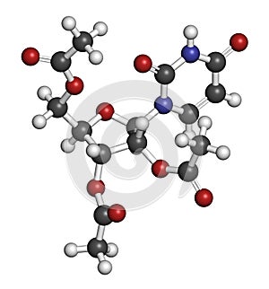 Uridine triacetate drug molecule. Used as antidote to treat chemotherapy overdoses. 3D rendering. Atoms are represented as spheres