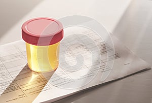 Urinalysis, Drug Testing, Drug, pills. Plastic jars for medical tests.. Urine test