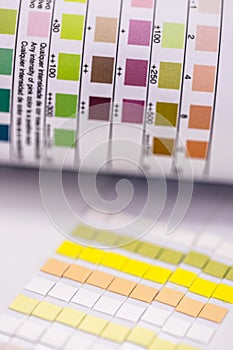 Urinalysis reagent strip used to control ketosis and other 9 parameters, vial with strips