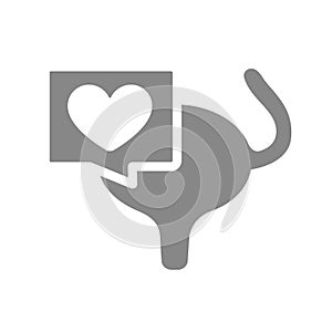 Urinary bladder with heart in chat bubble gray icon. Muscular organ of the excretory system symbol