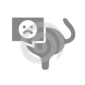Urinary bladder with sad face in chat bubble gray icon. Muscular organ of the excretory system symbol