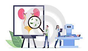 Urinary Tract Infection, UTI Medical Concept. Tiny Doctors and Sick Patient on Mri Characters at Huge Anatomical Poster