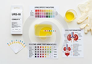 Urine analysis setup featuring a URS-10 Combur 10 test kit and