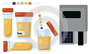 urine analyzer and test tubes with urine, containers and equipment for laboratory research