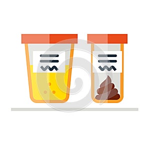 Urine and fecal analysis. Flat style. Containers for analysis on white background.