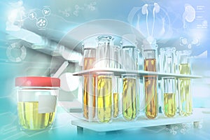 Test tubes in modern bio research office - urine quality test for glucose or leucine, medical 3D illustration