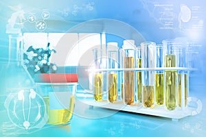 Urine sample test for nitrite or bacteria - test tubes in modern chemistry research office, medical 3D illustration