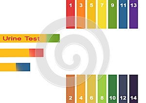 Urine Test . Hand holding test tube with pH indicator comparing color to scale and litmus strips for measurement of acidity.