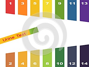 Urine Test . Hand holding test tube with pH indicator comparing color to scale and litmus strips for measurement of acidity. photo