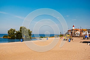 Urk Netherlands harbor and lighthouse near the beach on a bright summer day Flevoland Urk Netherlands