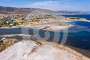 Urla, Izmir, Turkey - 10 09 2021: Urla kitesufing destination in Turkey, aerial landscape of the kite location Gulbace, drone view