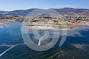 Urla, Izmir, Turkey - 10 09 2021: Urla kitesufing destination in Turkey, aerial landscape of the kite location Gulbace, drone view