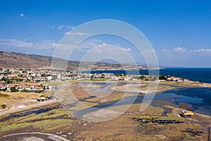 Urla, Izmir, Turkey - 10 09 2021: Urla kitesufing destination in Turkey, aerial landscape of the kite location Gulbace, drone view