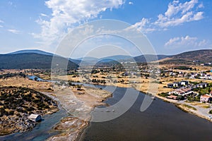 Urla, Izmir, Turkey - 10 09 2021: Urla kitesufing destination in Turkey, aerial landscape of the kite location Gulbace, drone view