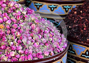 Urns of dried roses. Marrakesh, Morocco.