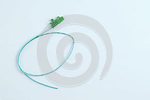 Urological catheter close-up on white background. View from above