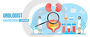 Urologist, nephropathy concept vector. Tiny doctors treat kidneys. Pyelonephritis and kidney stones diseases are shown photo