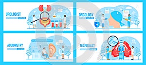 Urologist,oncologist, tb specialist, audiometer concept set vector for medical website. Pulmonary fibrosis, tuberculosis, photo