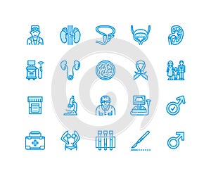 Urology vector flat line icons. Urologist, bladder, kidneys, adrenal glands, prostate. Linear medical pictograms with