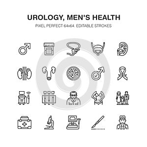 Urology vector flat line icons. Urologist, bladder, kidneys, adrenal glands, prostate. Linear medical pictograms with photo